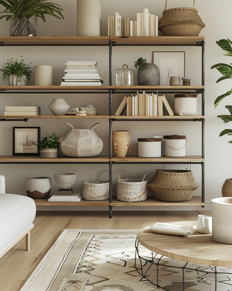 Warm wooden shelving arranged with baskets and ceramics
